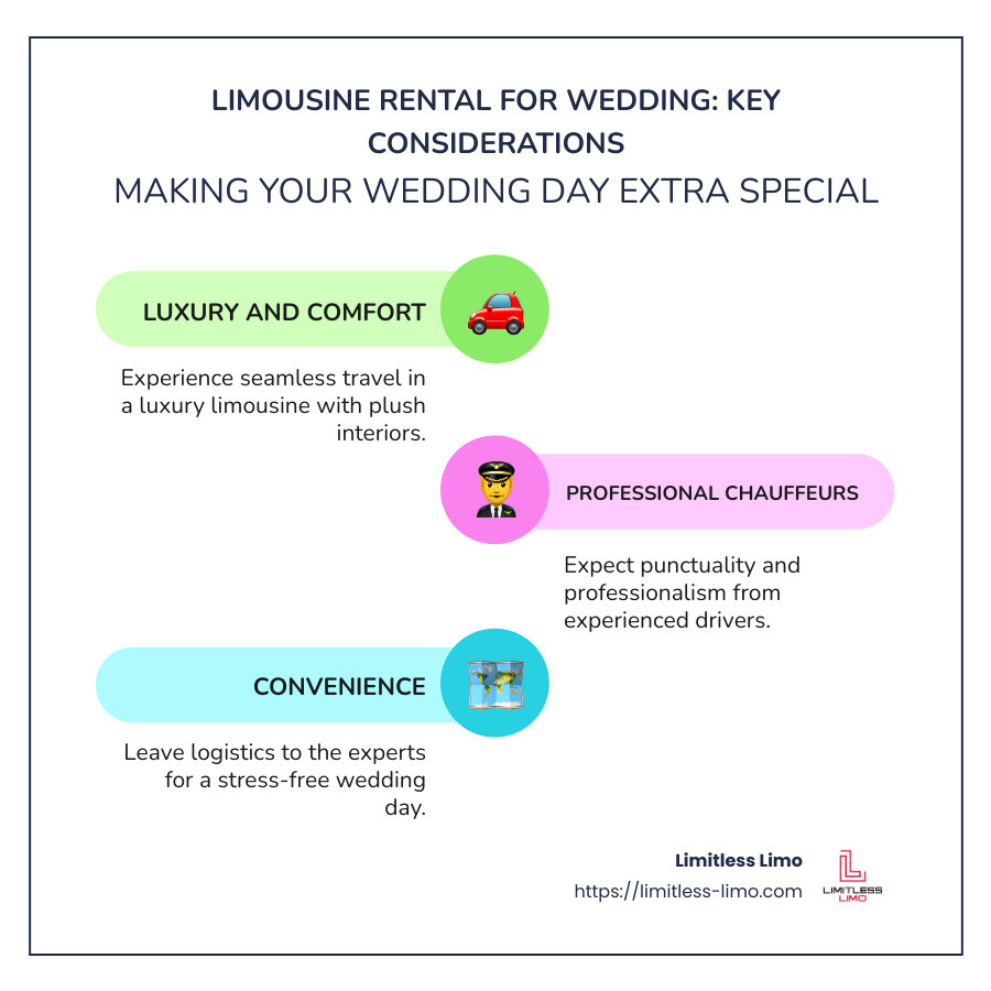 Infographic showing luxury features of wedding limousines - limousine rental for wedding infographic infographic-line-3-steps-colors