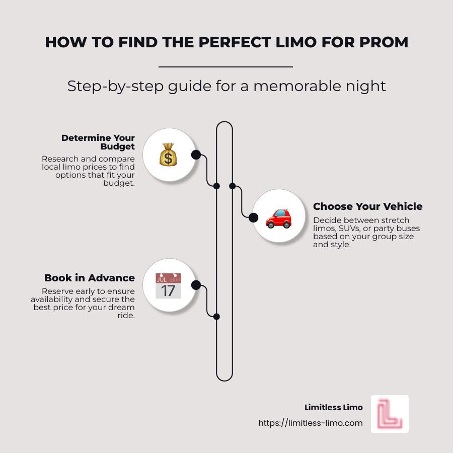 Infographic detailing the variety of limo types, including stretch, SUV, and party bus options for different group sizes and budgets - limos for prom near me infographic infographic-line-3-steps-neat_beige