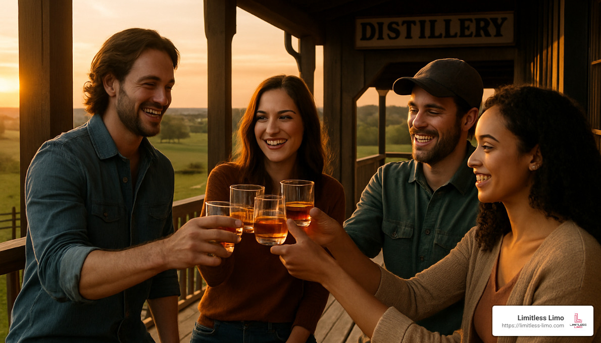 Friends toasting with bourbon glasses at sunset on distillery porch - kentucky bourbon trail tours from louisville