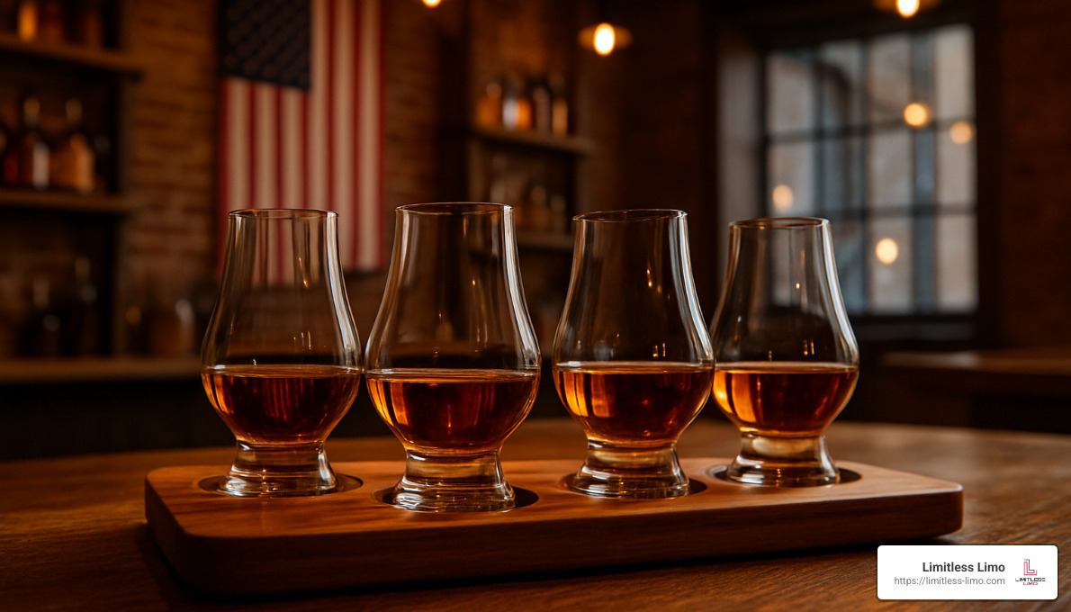 Bourbon tasting flight with various Kentucky bourbons in Glencairn glasses - kentucky bourbon trail tours from louisville