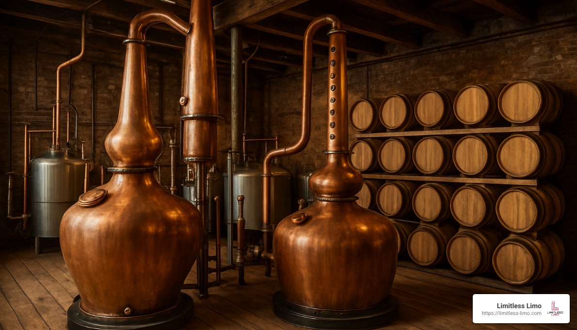 Small craft distillery with copper pot stills and wooden barrels - kentucky bourbon trail tours from louisville