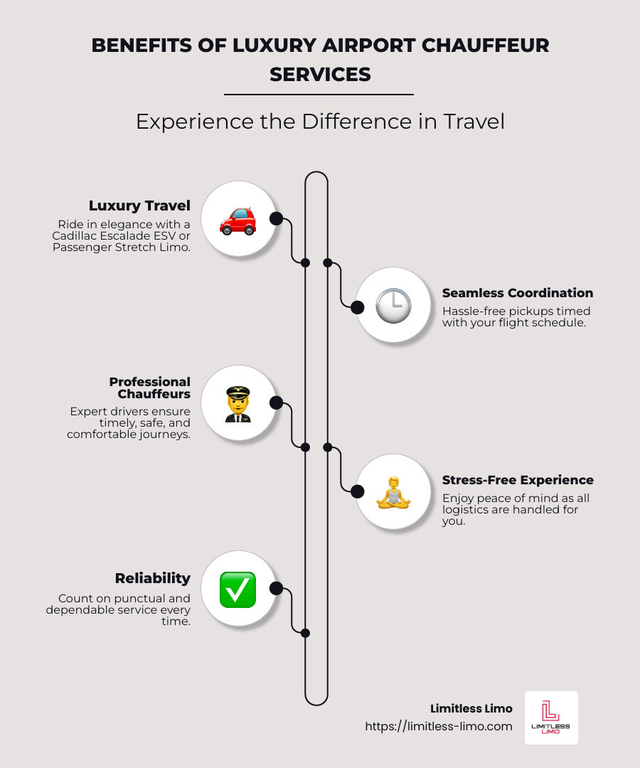 Infographic explaining airport chauffeur service benefits: luxury travel with Cadillac Escalade, seamless coordination for flight schedules, expert chauffeurs for safe and timely rides - airport chauffeur service infographic infographic-line-5-steps-neat_beige