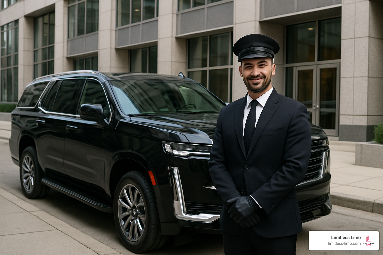 executive chauffeur standing by luxury vehicle - executive transportation service near me