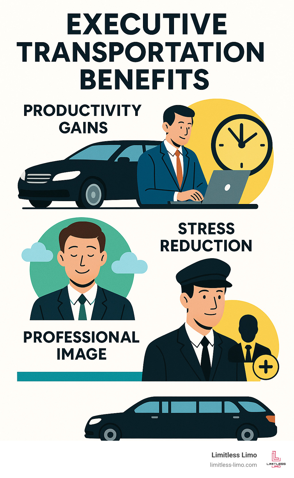 Executive transportation benefits showing productivity gains, stress reduction, and professional image improvement - executive transportation service near me infographic