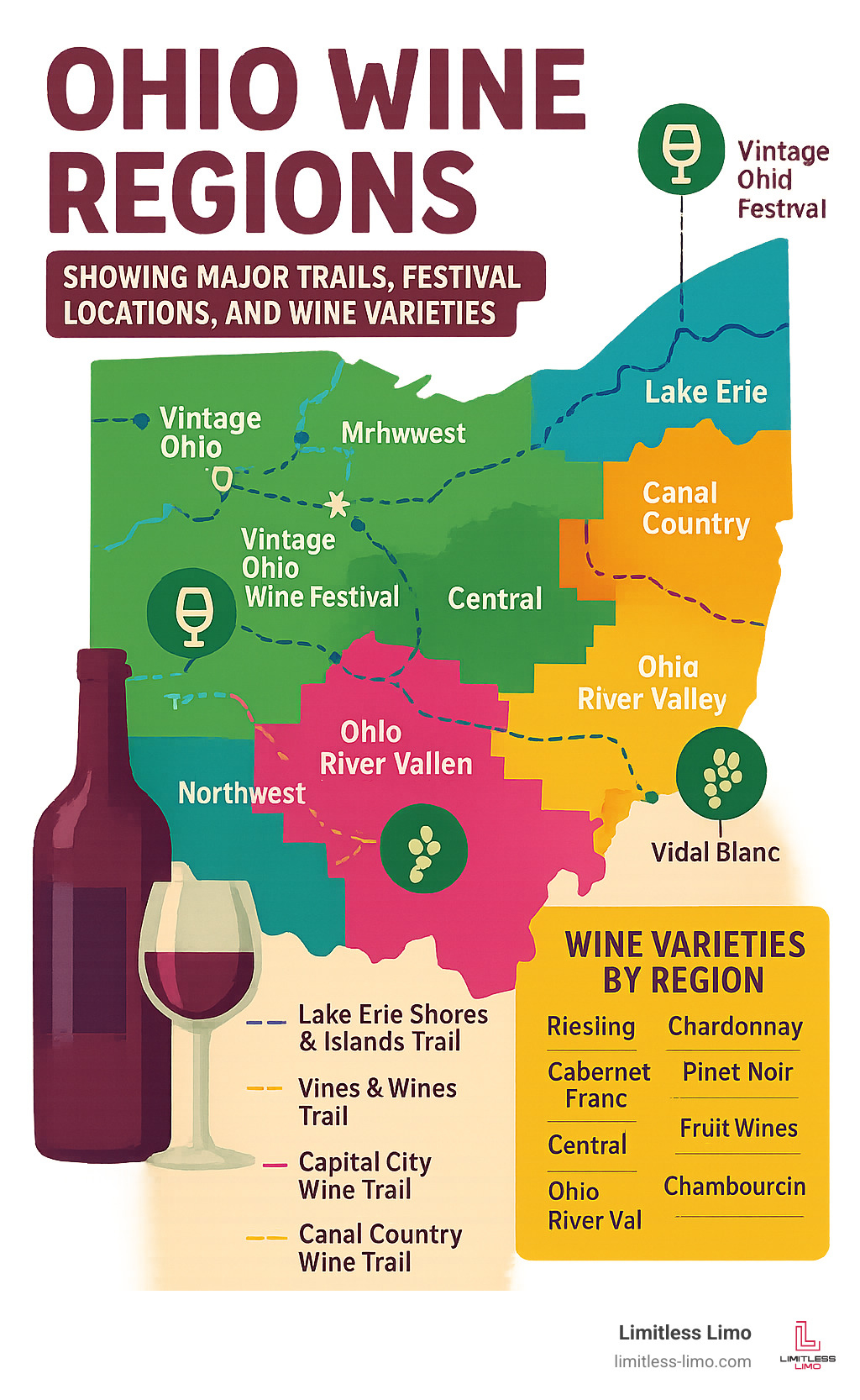 Map of Ohio wine regions showing major trails, festival locations, and wine varieties by region - Ohio wine tasting events infographic 