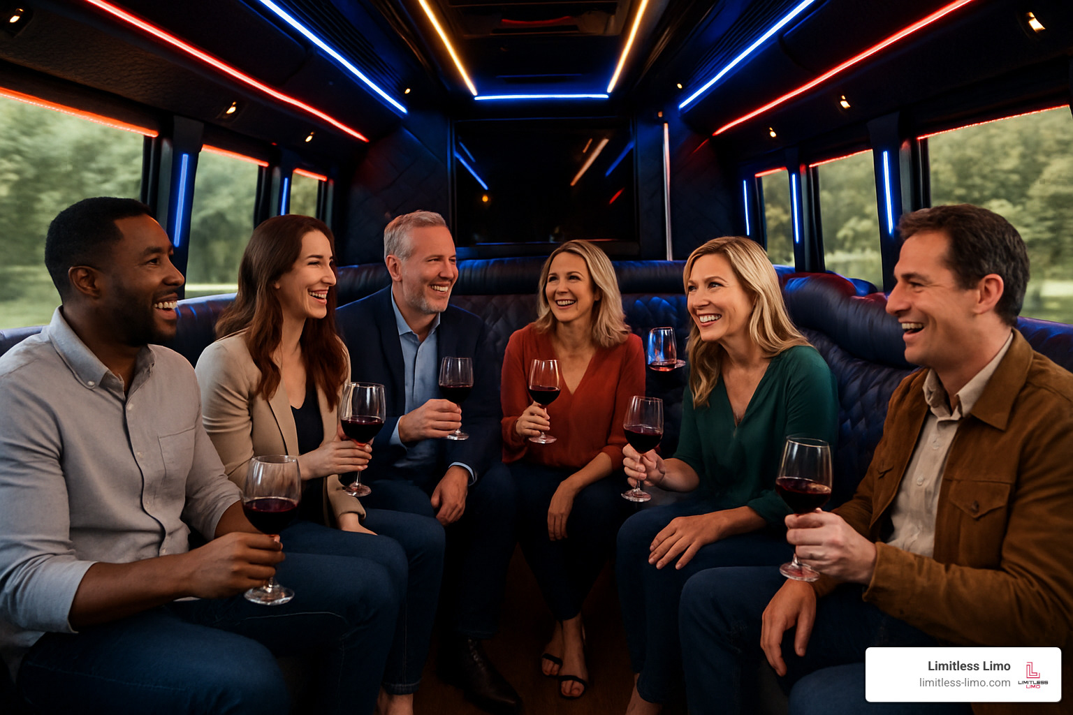 Luxury transportation for wine tours with party bus interior - Ohio wine tasting events