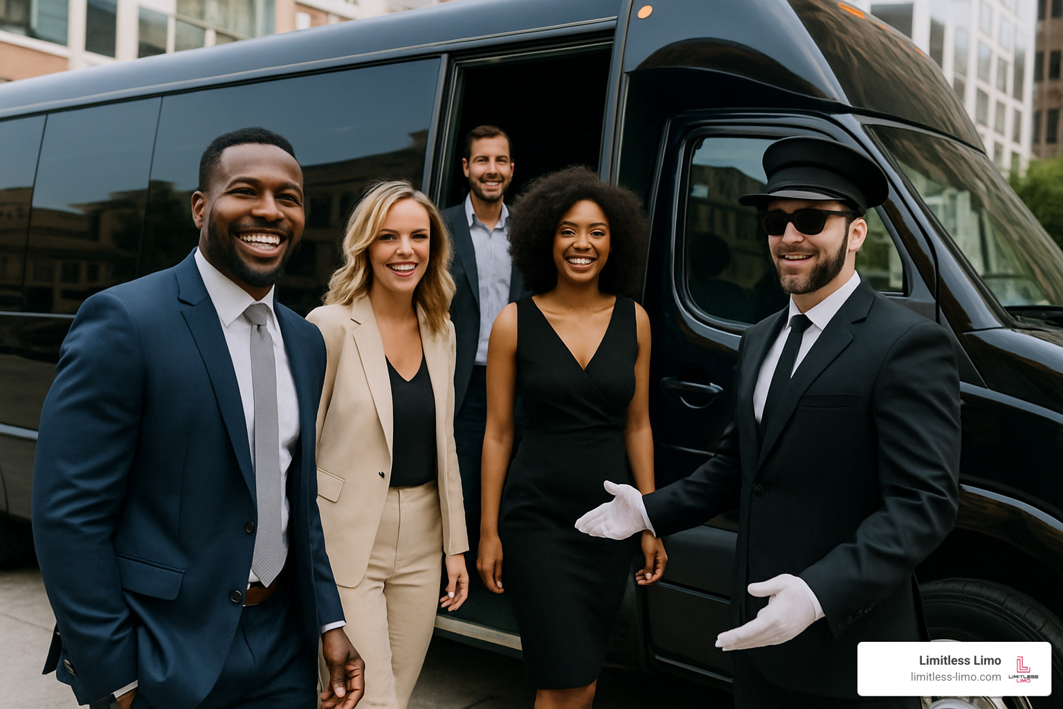 happy clients boarding party bus - executive transportation service near me