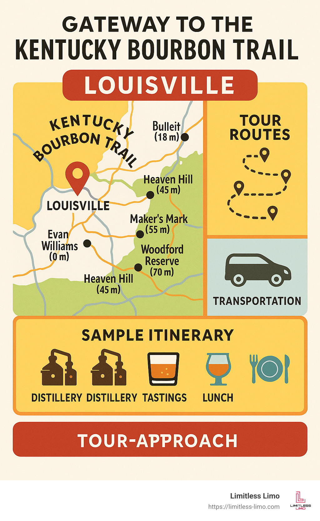 Map showing Louisville as the gateway to Kentucky Bourbon Trail with distances to major distilleries, tour routes, transportation options, and sample itineraries - kentucky bourbon trail tours from louisville infographic 