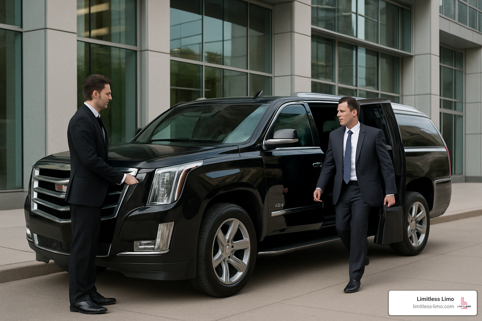 chauffeur opening Cadillac Escalade ESV door - executive transportation service near me