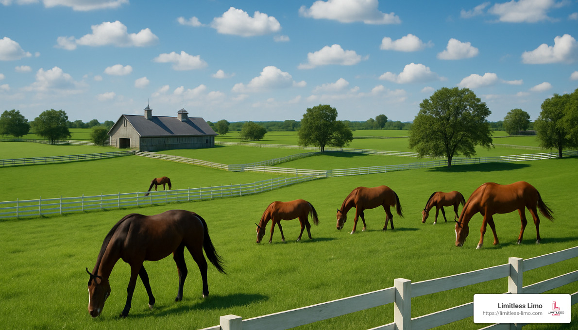 Horse farm with white fences and thoroughbreds in Kentucky bluegrass country - kentucky bourbon trail tours from louisville