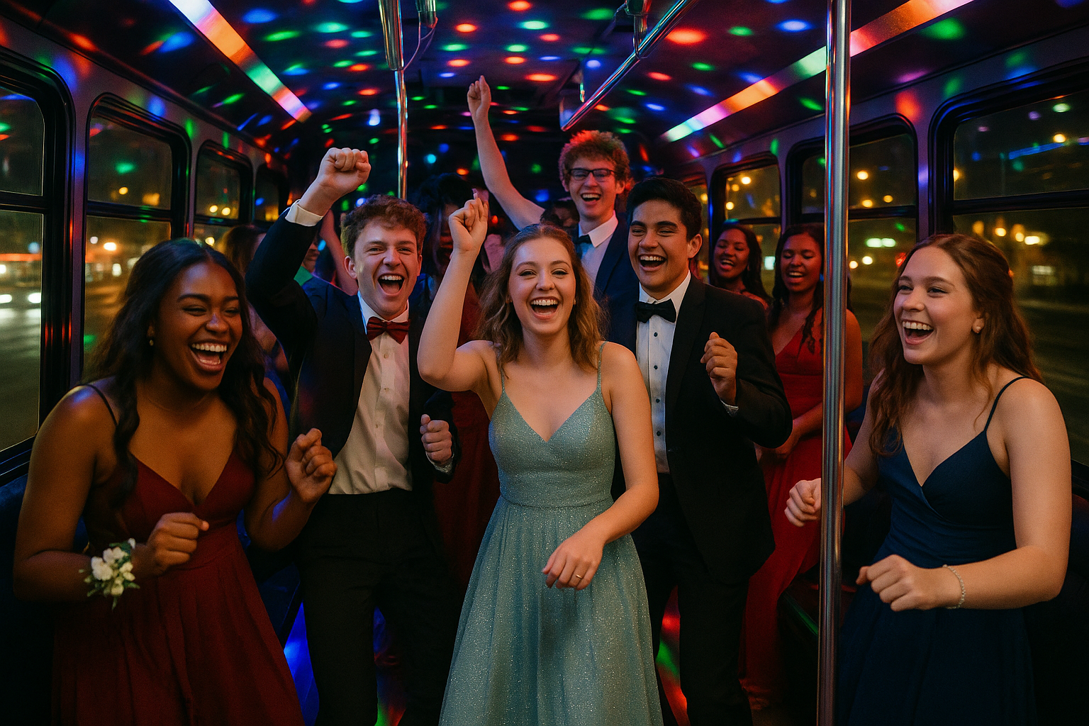 students celebrating inside a party bus - Party bus for proms